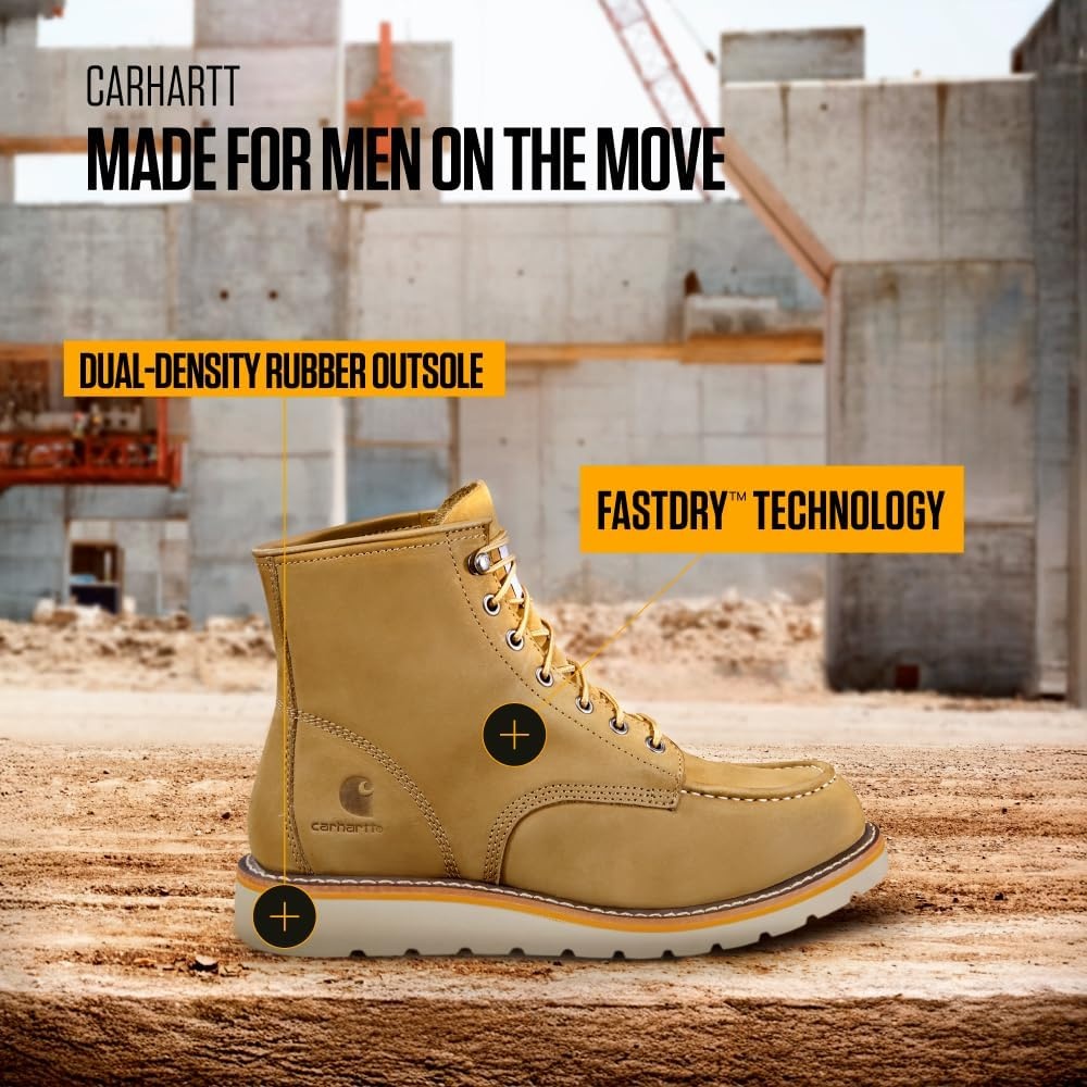 imageCarhartt 6 Moc Toe Work Boots for Men Soft Toe Slip Resistant Wedge Outsole Steel Shank EVA Cushion InsoleCoyote