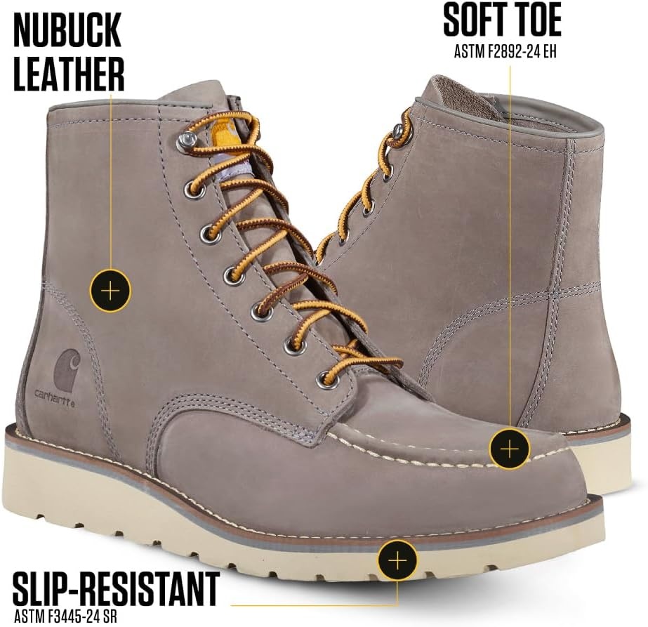 imageCarhartt 6 Moc Toe Work Boots for Men Soft Toe Slip Resistant Wedge Outsole Steel Shank EVA Cushion InsoleGrey