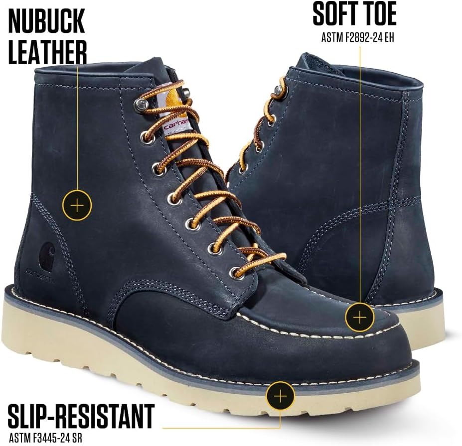 imageCarhartt 6 Moc Toe Work Boots for Men Soft Toe Slip Resistant Wedge Outsole Steel Shank EVA Cushion InsoleNavy