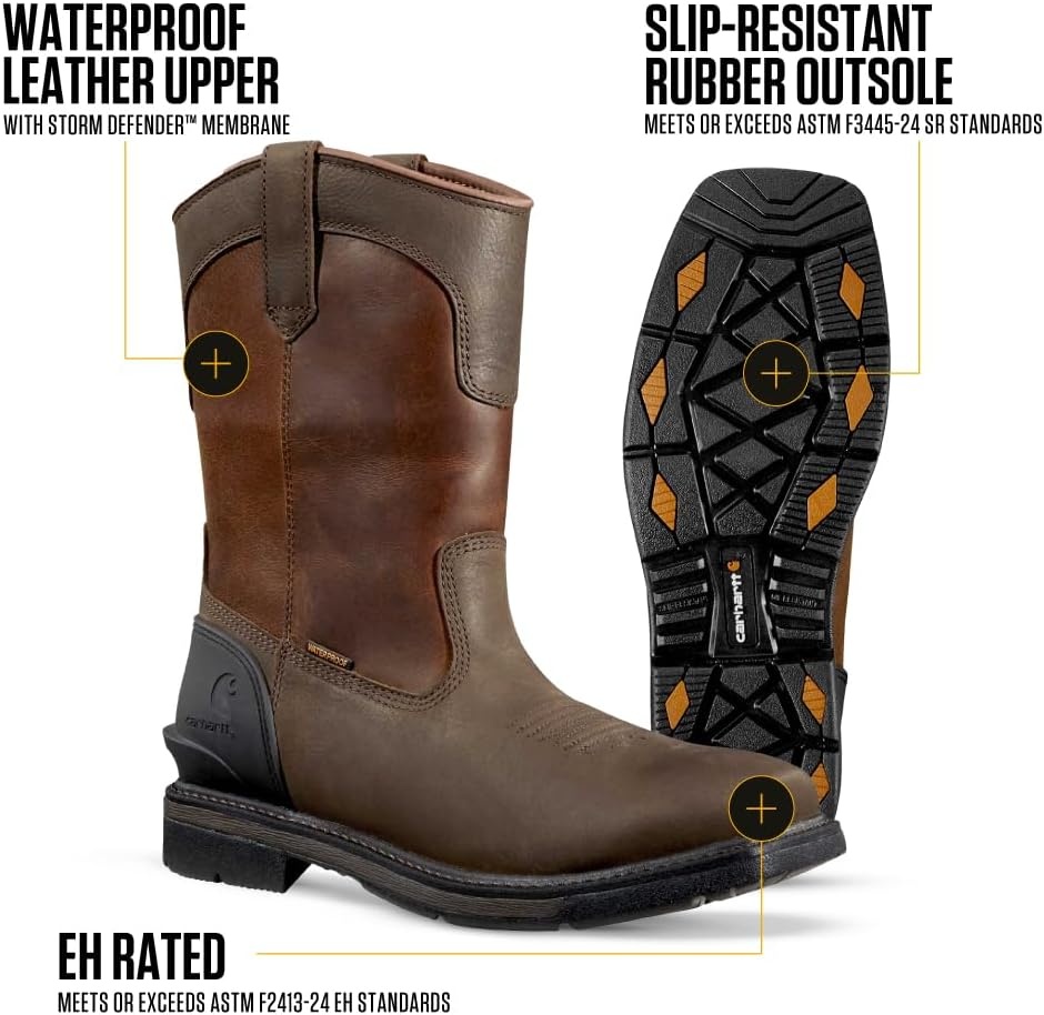 imageCarhartt Mens Montana 11 Wellington Work Boots Waterproof amp WaterResistant Steel Toe amp Soft Toe PullOn Square ToeDark BrownRed Brown