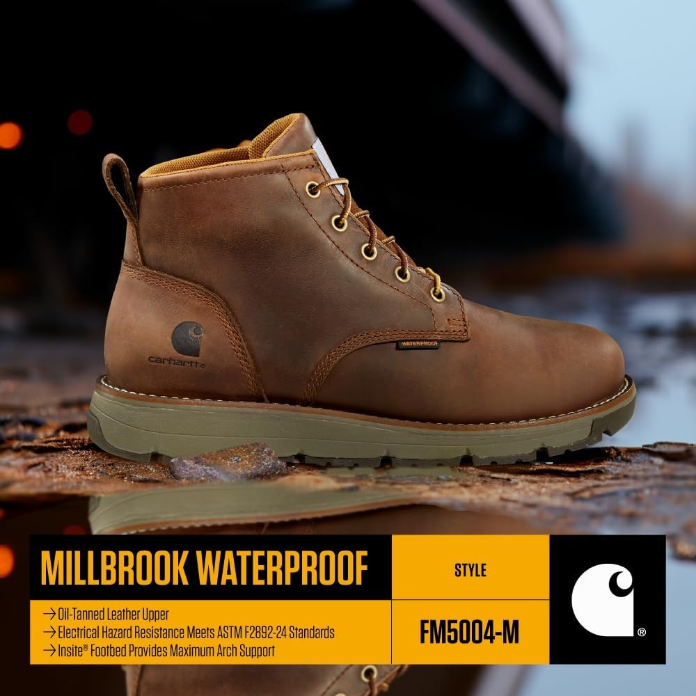 imageCarhartt Millbrook Waterproof Wedge Boot Work Boots for Men Slip amp Electrical Hazard Resistant with 5 Shaft Breathable Membrane and Lightweight EVA MidsoleBrown Oil Tanned