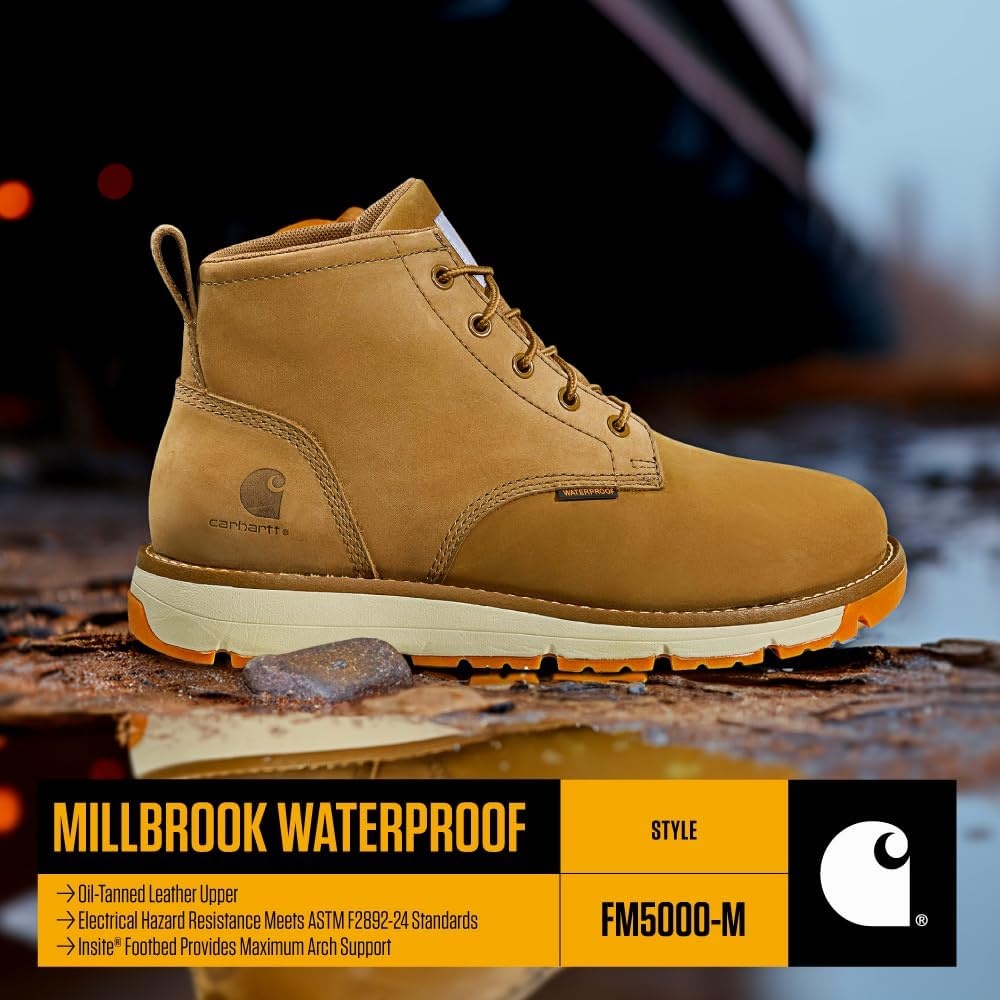 imageCarhartt Millbrook Waterproof Wedge Boot Work Boots for Men Slip amp Electrical Hazard Resistant with 5 Shaft Breathable Membrane and Lightweight EVA MidsoleCoyote Nubuck