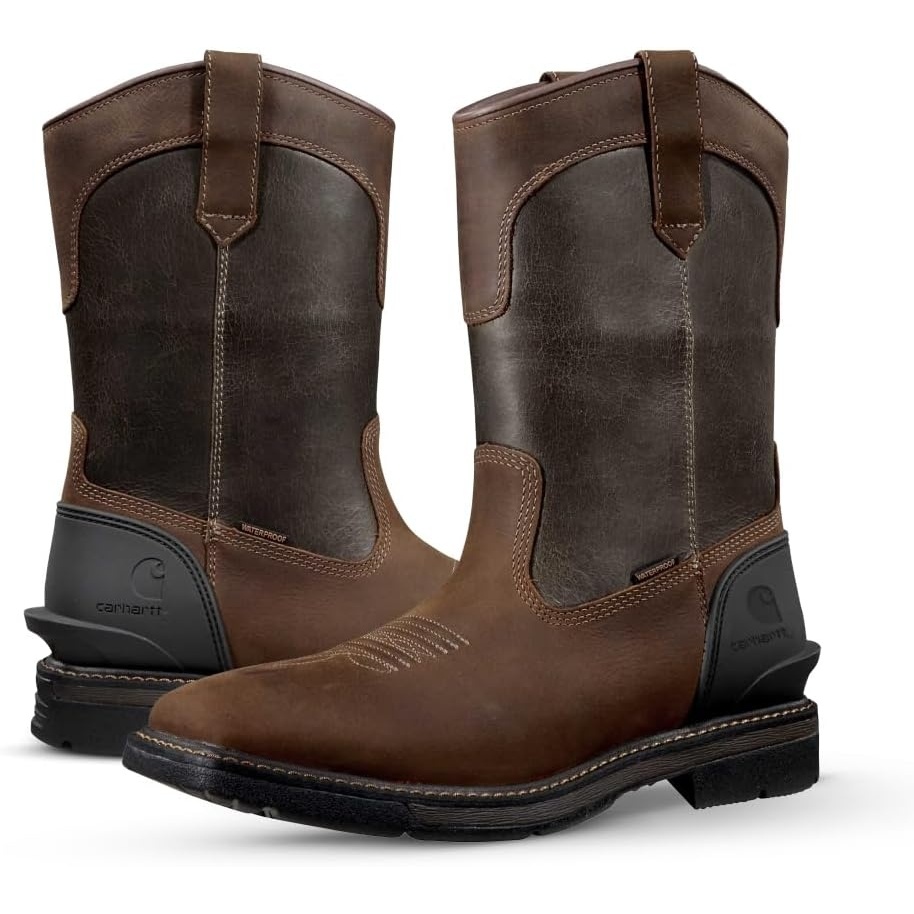 imageCarhartt Mens Montana 11 Wellington Work Boots Waterproof amp WaterResistant Steel Toe amp Soft Toe PullOn Square ToeBrownBurnt Olive