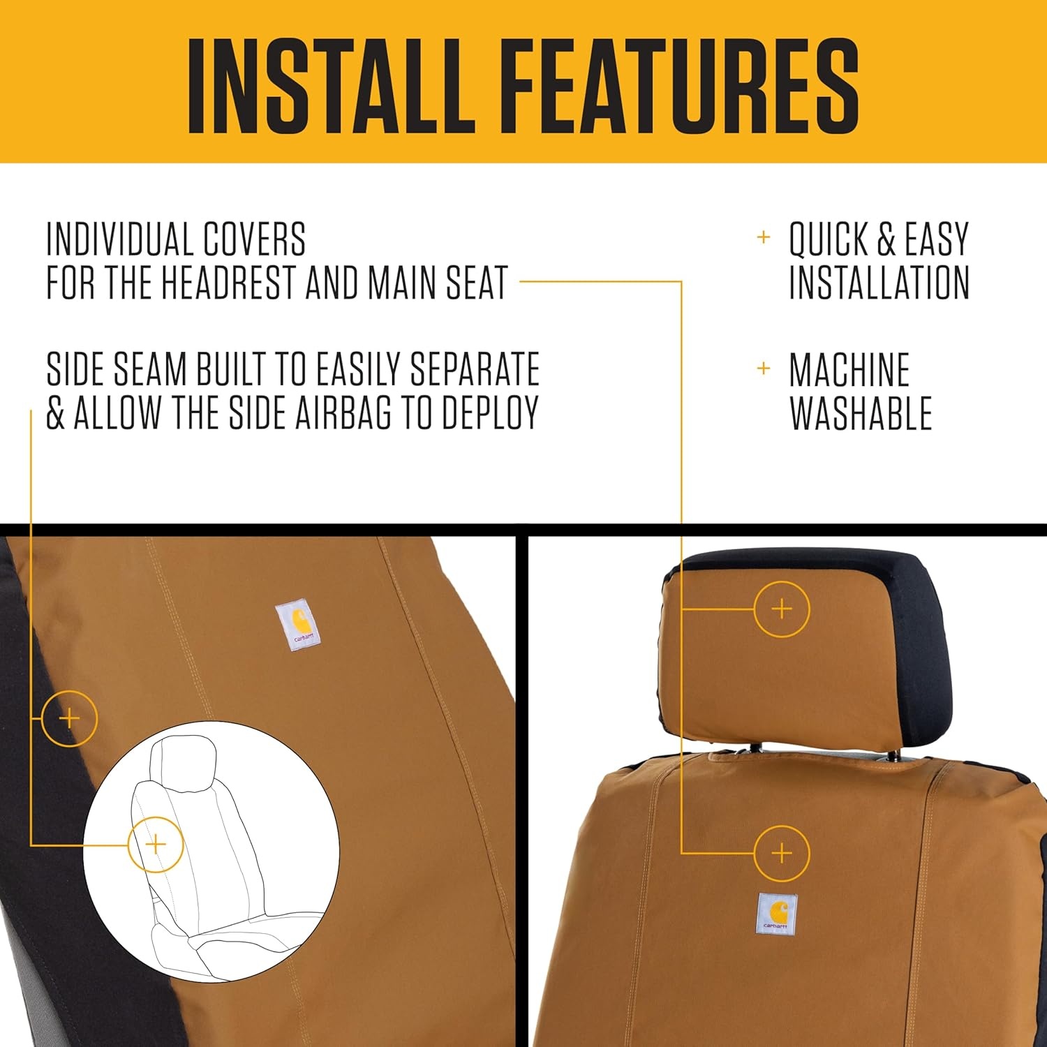 imageCarhartt 700D Nylon Duck Canvas Fitted Bucket Seat Cover Durable Seat Protection with Rain Defender CharcoalBlack and Carhartt Brown