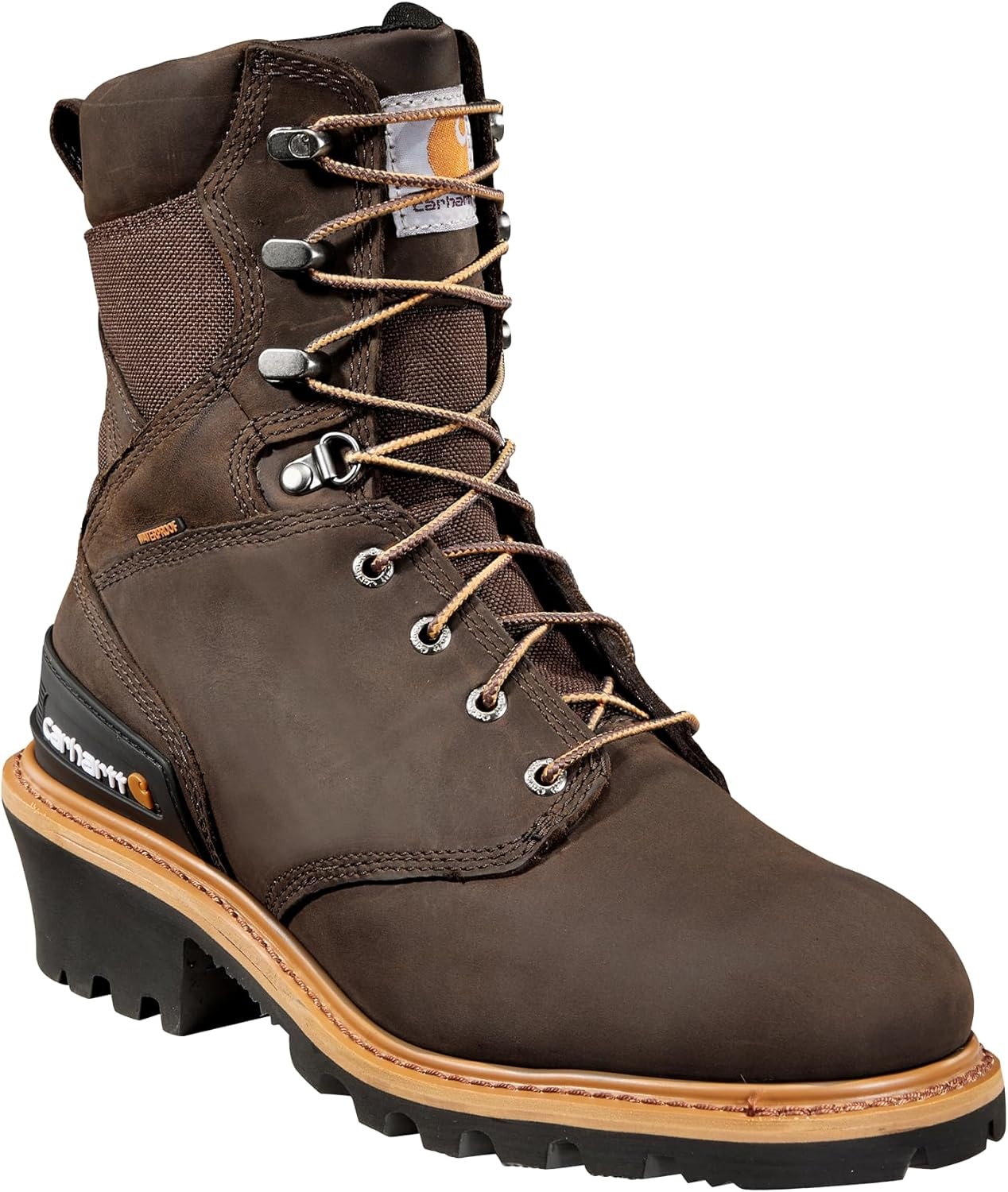 imageCarhartt 8 Waterproof Leather Logger Boot Composite Toe Work Boots for Men with Goodyear Welt SlipResistant Outsole EH RatedCrazy Horse Brown