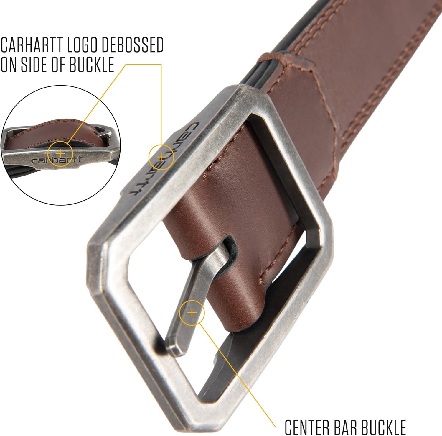 imageCarhartt Mens Durable Full Grain Leather Reversible Center Bar Buckle Belt WRugged Antique Nickel HardwareBrownBlack
