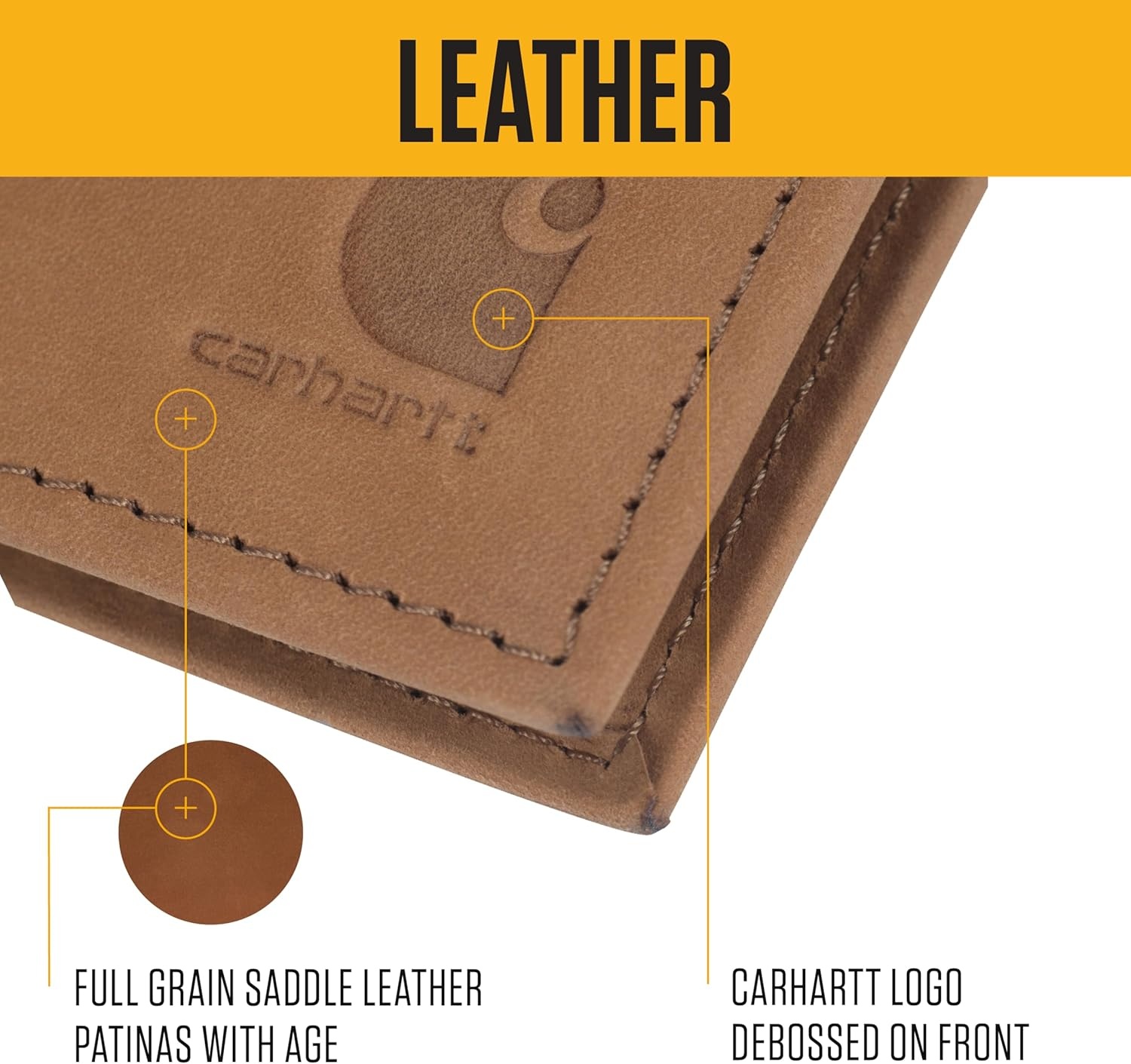 imageCarhartt Mens Full Grain Saddle Leather Wallets RFID Blocking Bifold Trifold and Front Pocket Options Gifts for MenCarhartt Brown Bifold