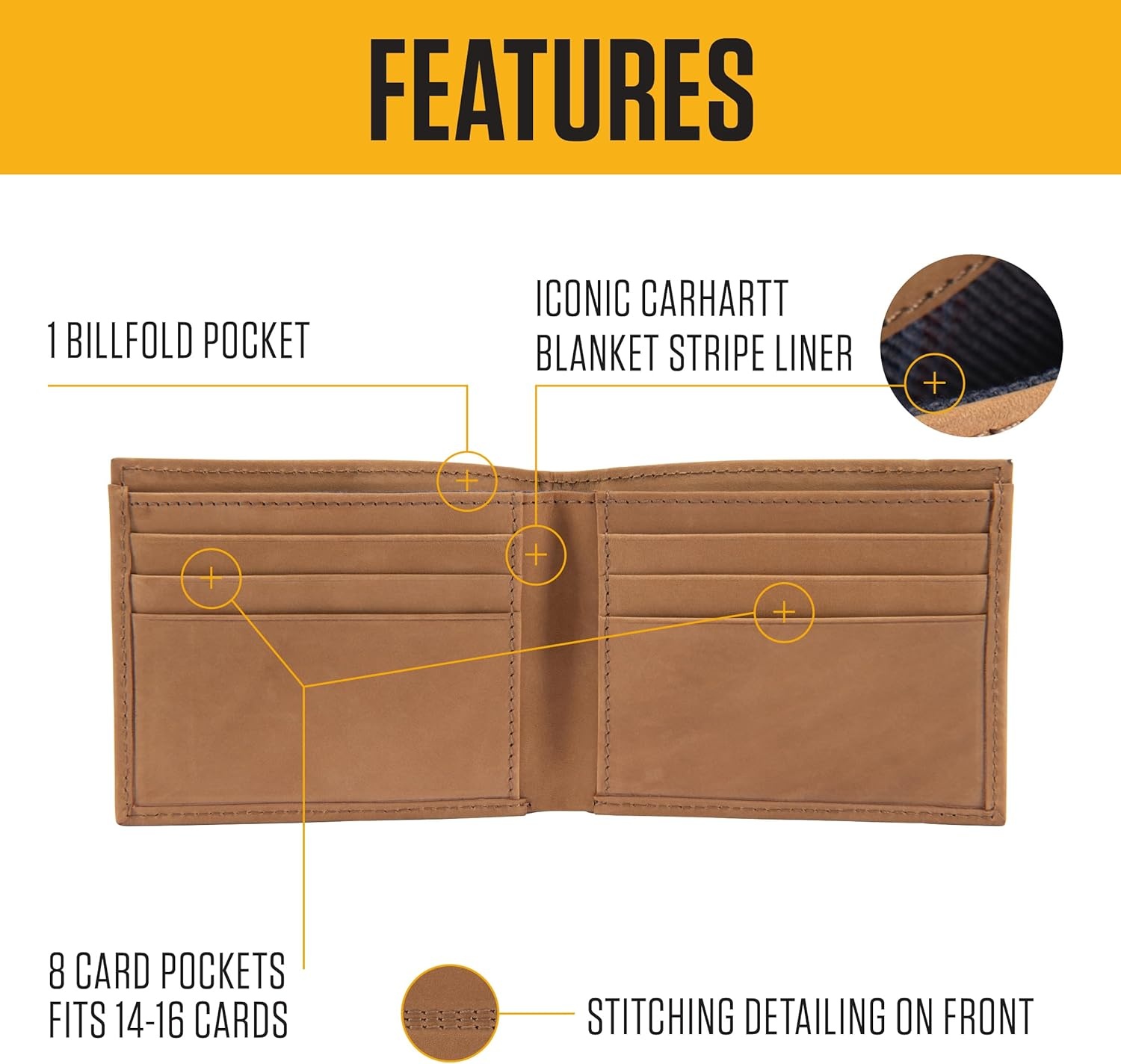 imageCarhartt Mens Full Grain Saddle Leather Wallets RFID Blocking Bifold Trifold and Front Pocket Options Gifts for MenCarhartt Brown Bifold