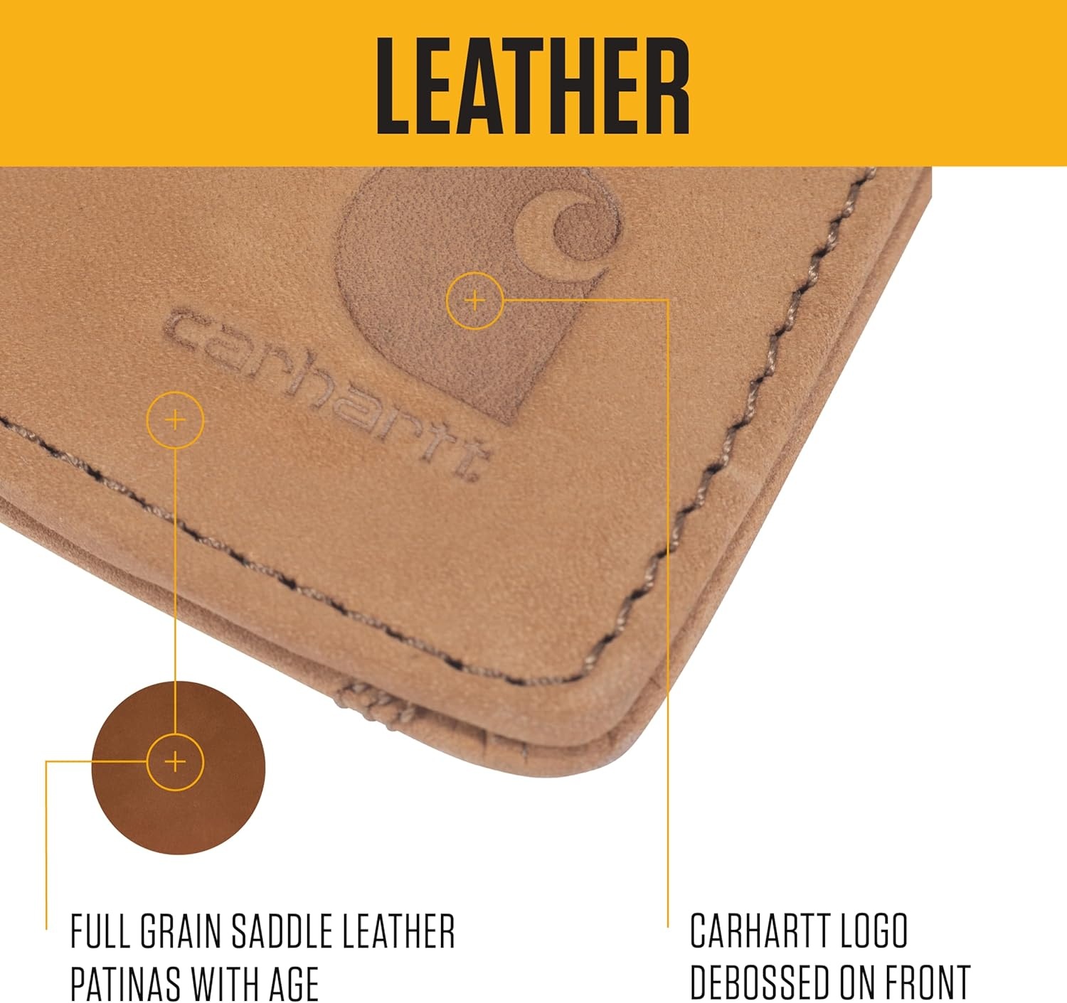 imageCarhartt Mens Full Grain Saddle Leather Wallets RFID Blocking Bifold Trifold and Front Pocket Options Gifts for MenCarhartt Brown Front Pocket