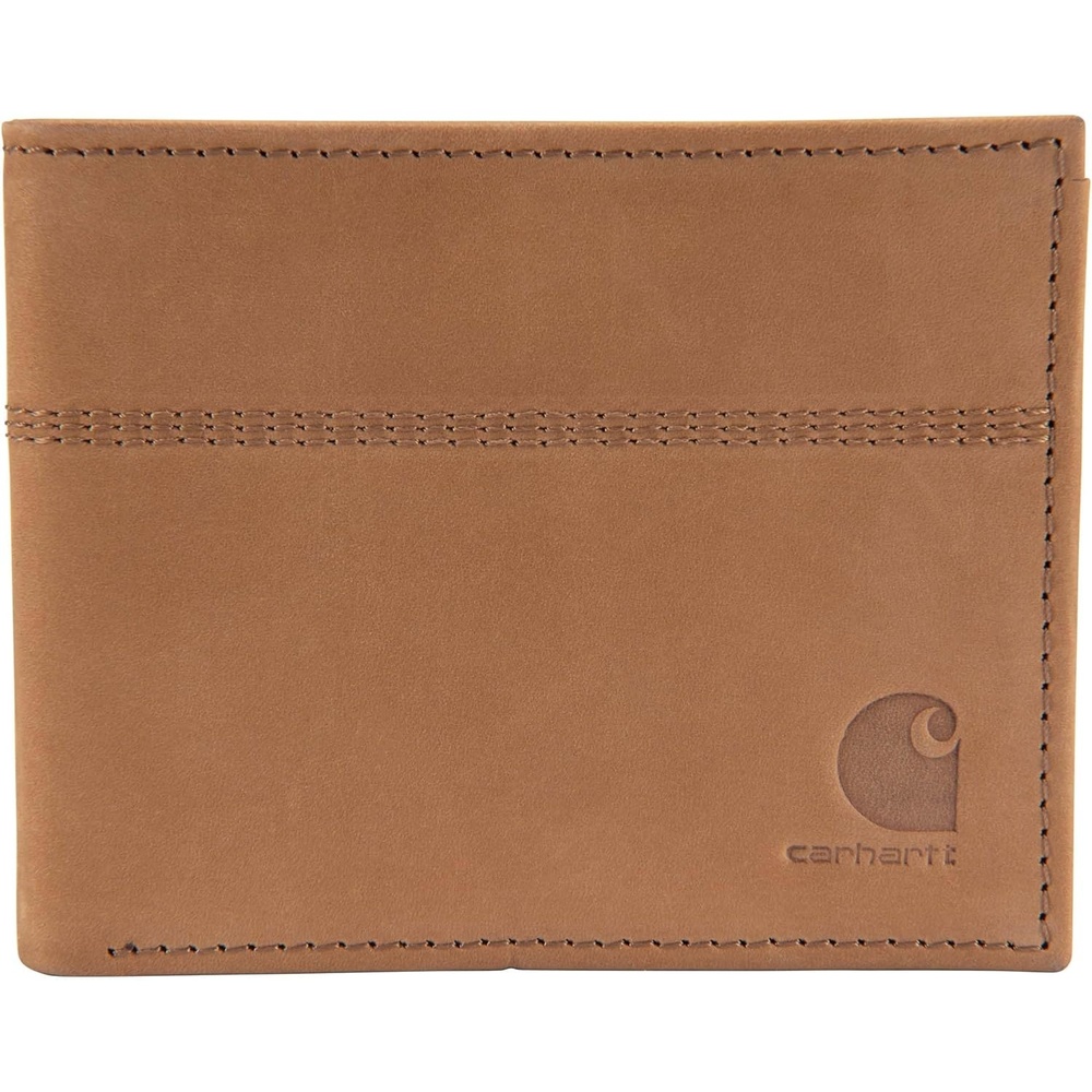 imageCarhartt Mens Full Grain Saddle Leather Wallets RFID Blocking Bifold Trifold and Front Pocket Options Gifts for MenCarhartt Brown Bifold