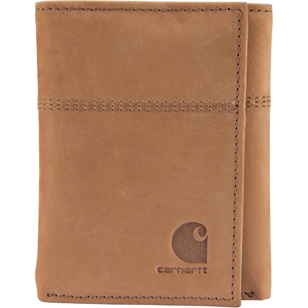 imageCarhartt Mens Full Grain Saddle Leather Wallets RFID Blocking Bifold Trifold and Front Pocket Options Gifts for MenCarhartt Brown Trifold