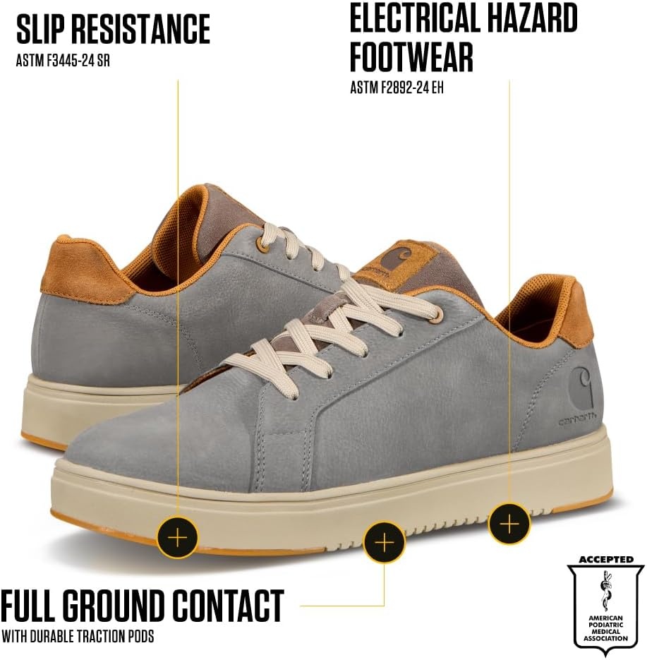 imageCarhartt Detroit Leather Sneakers for Men Comfortable Shoes for Men with Wide Toe Box Comfort Footbed and Midsole and SlipResistant OutsoleGreyBrown