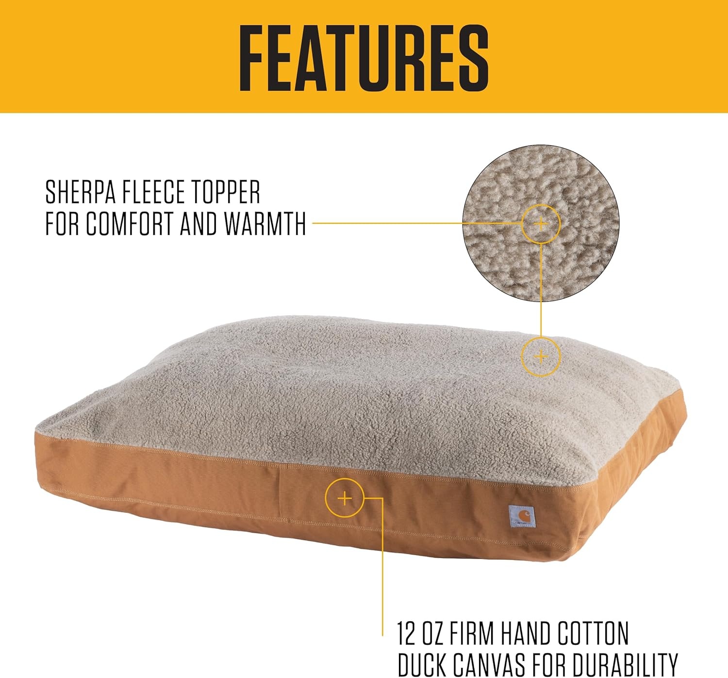 imageCarhartt Durable Canvas Pet Bed Water Resistant Firm Duck Dog Bed Carhartt Brown Sherpa Top MediumCarhartt Brown Sherpa Top