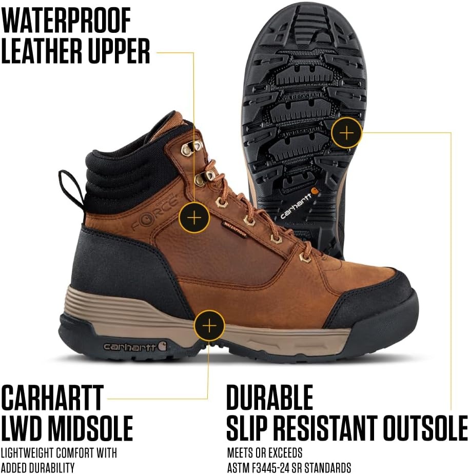 imageCarhartt Force HD 6 Soft Toe Work Boots for Men Waterproof Slip Resistant Insite Cushioned Electrical Hazard RatedBrown