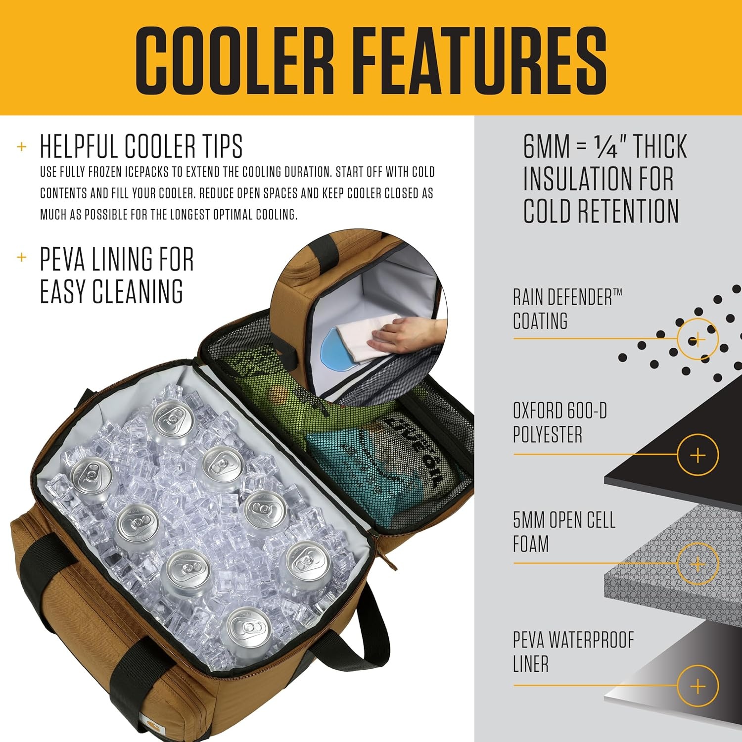 image:imageCarhartt Insulated Two Compartment Cooler Durable Water Repellent Material WFront Zippered Pocket for Camping Beach amp TravelCarhartt Brown