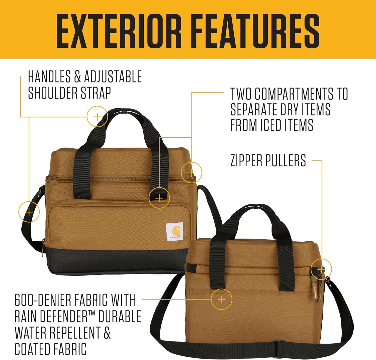 image:imageCarhartt Insulated Two Compartment Cooler Durable Water Repellent Material WFront Zippered Pocket for Camping Beach amp TravelCarhartt Brown