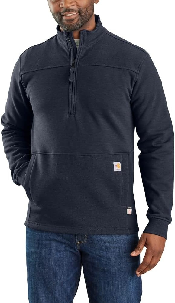 image:imageCarhartt Mens Flame Resistant Rain Defender Relaxed Fit Mock Neck Fleece PulloverNavy