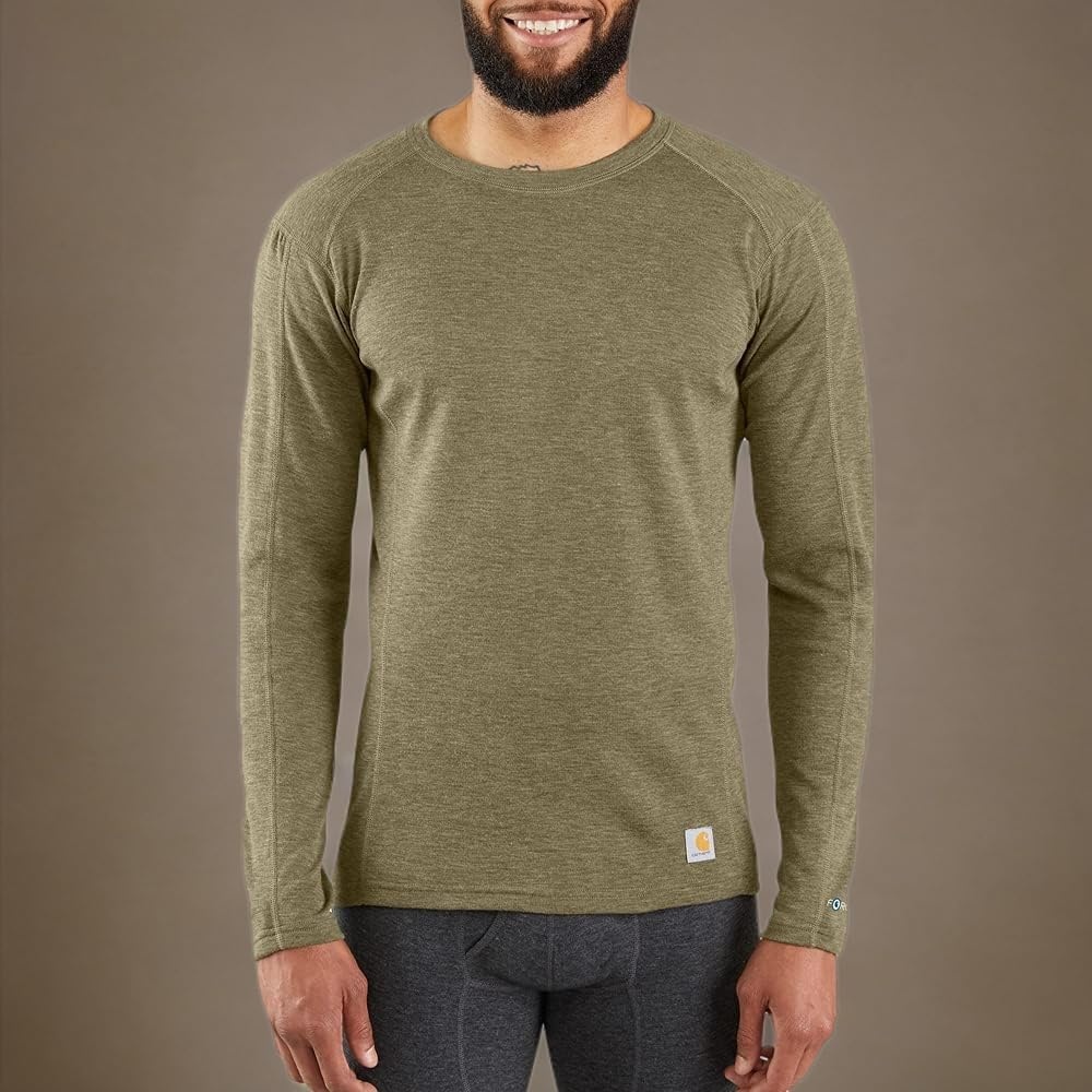imageCarhartt Mens Force Midweight SyntheticMerino Wool Blend Base Layer Crewneck Pocket TopDeep Burnt Olive