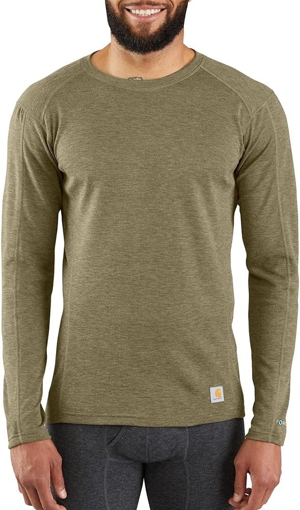 imageCarhartt Mens Force Midweight SyntheticMerino Wool Blend Base Layer Crewneck Pocket TopDeep Burnt Olive