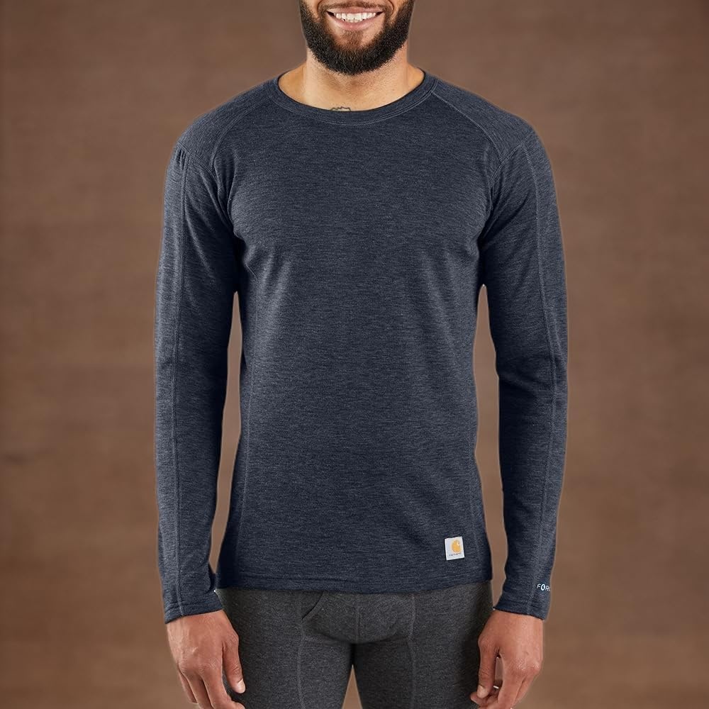 imageCarhartt Mens Force Midweight SyntheticMerino Wool Blend Base Layer Crewneck Pocket TopDeep Navy Heather
