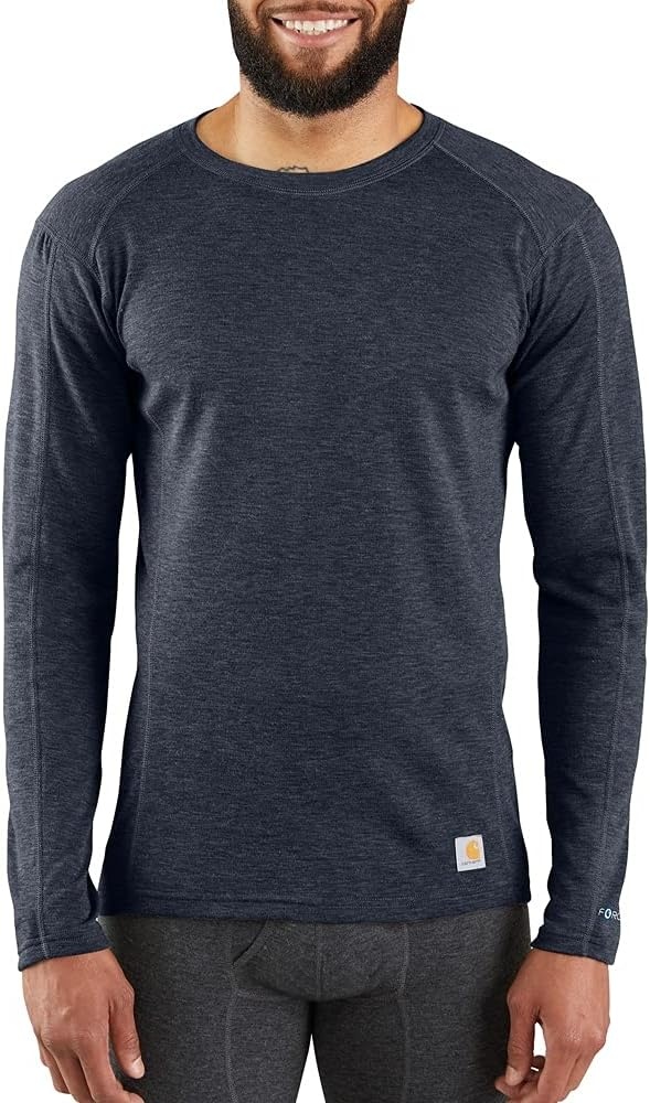imageCarhartt Mens Force Midweight SyntheticMerino Wool Blend Base Layer Crewneck Pocket TopDeep Navy Heather
