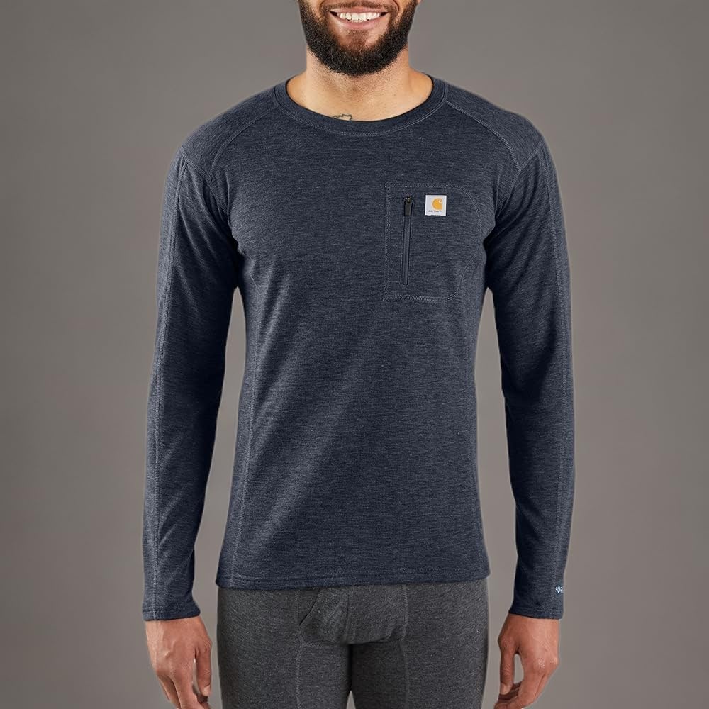 imageCarhartt Mens Force Midweight SyntheticMerino Wool Blend Base Layer Crewneck Pocket TopNavy Heather