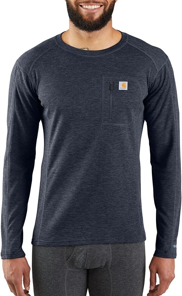 imageCarhartt Mens Force Midweight SyntheticMerino Wool Blend Base Layer Crewneck Pocket TopNavy Heather