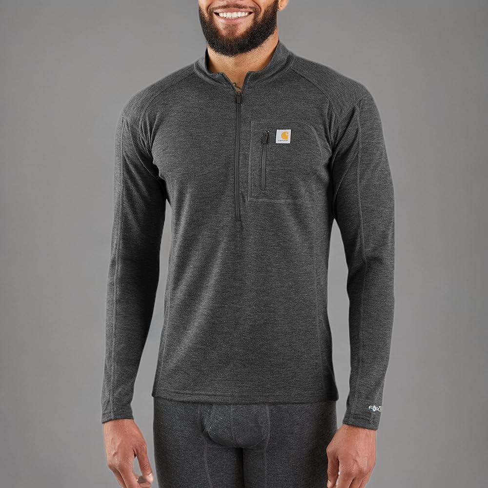 imageCarhartt Mens Force Midweight SyntheticWool Blend Base Layer QuarterZip Pocket TopBlack Heather