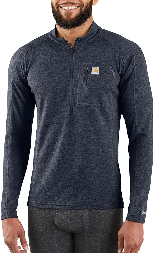 imageCarhartt Mens Force Midweight SyntheticWool Blend Base Layer QuarterZip Pocket TopNavy Heather