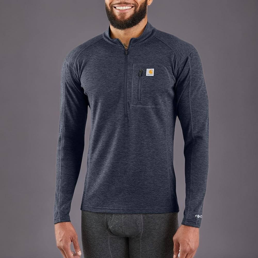 imageCarhartt Mens Force Midweight SyntheticWool Blend Base Layer QuarterZip Pocket TopNavy Heather
