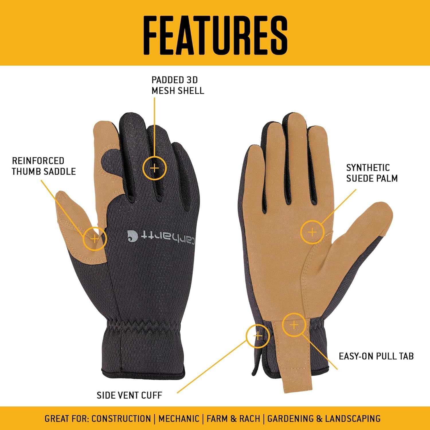imageCarhartt Mens GD0794M High Dexterity Open Cuff GloveBlack Barley