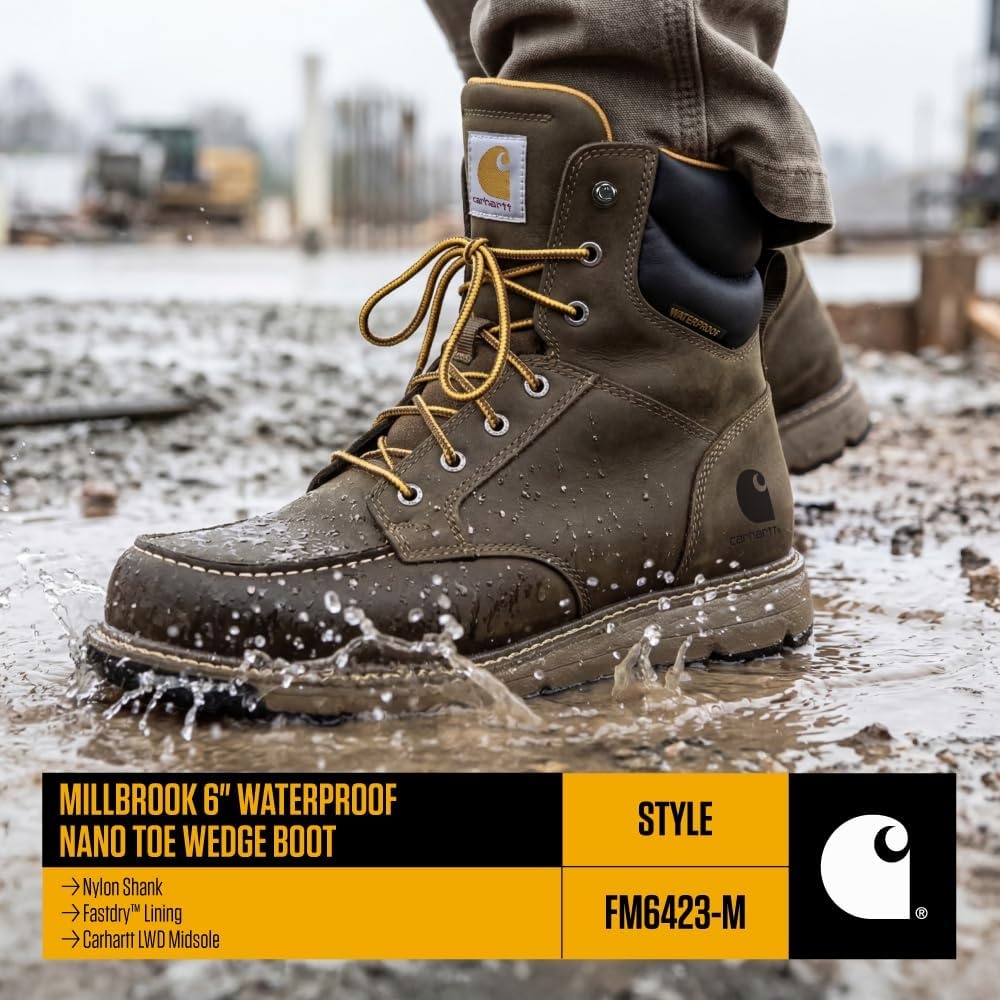 imageCarhartt Mens Millbrook 6 Waterproof Nano Toe Wedge Work BootMossy Brown