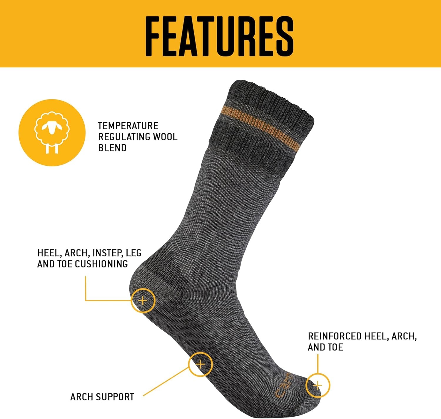 image:imageCarhartt Mens SB7742M Heavyweight SyntheticWool Blend Boot Sock 2PackHeather Grey
