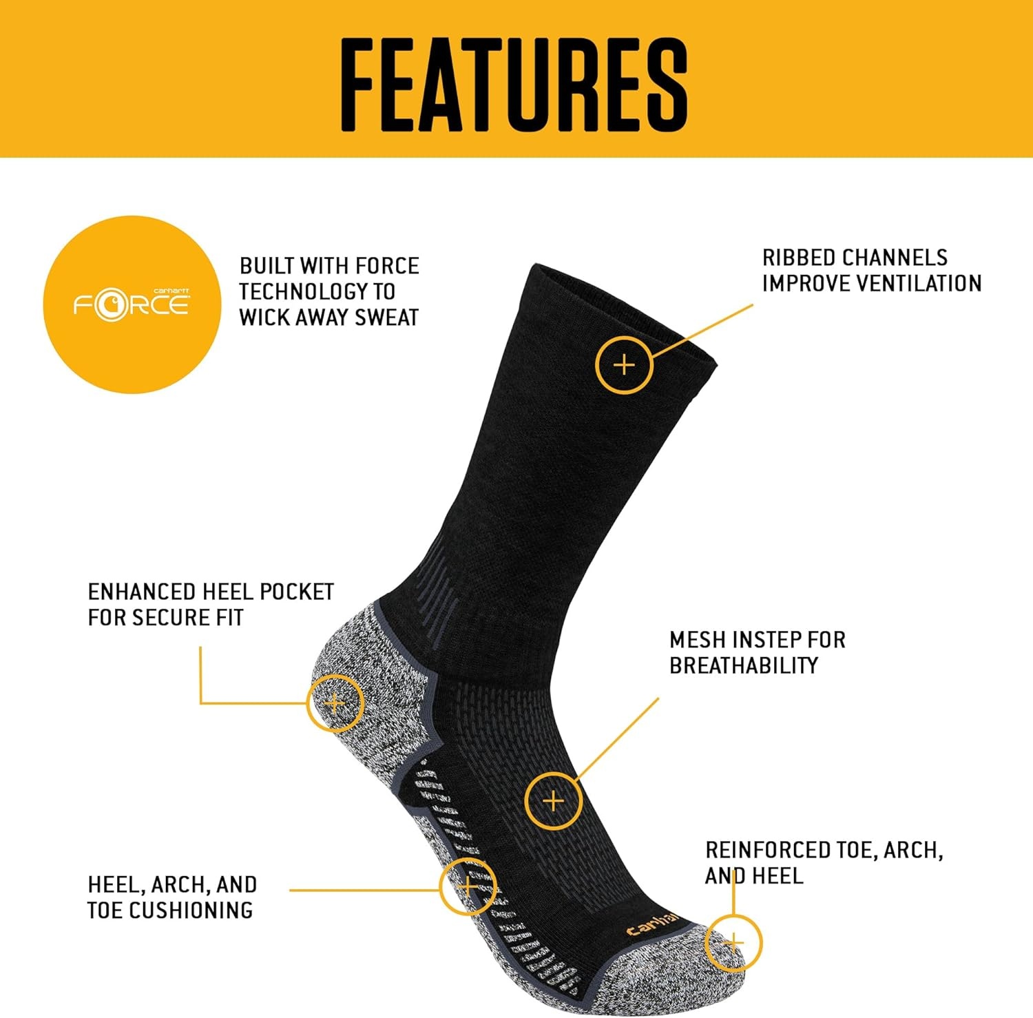 imageCarhartt Mens SC4223M Force Midweight Crew Sock 3 PackCharcoal