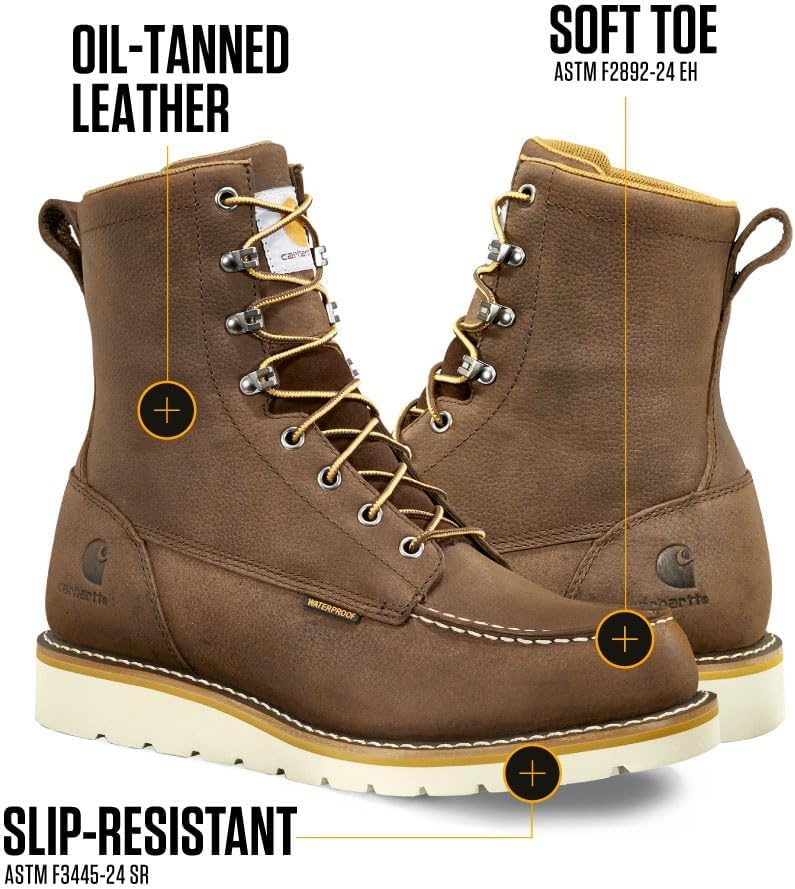 imageCarhartt Mens Waterproof 8Inch Moc Soft Toe Wedge Work Boot with SlipResistant OutsoleDark Brown