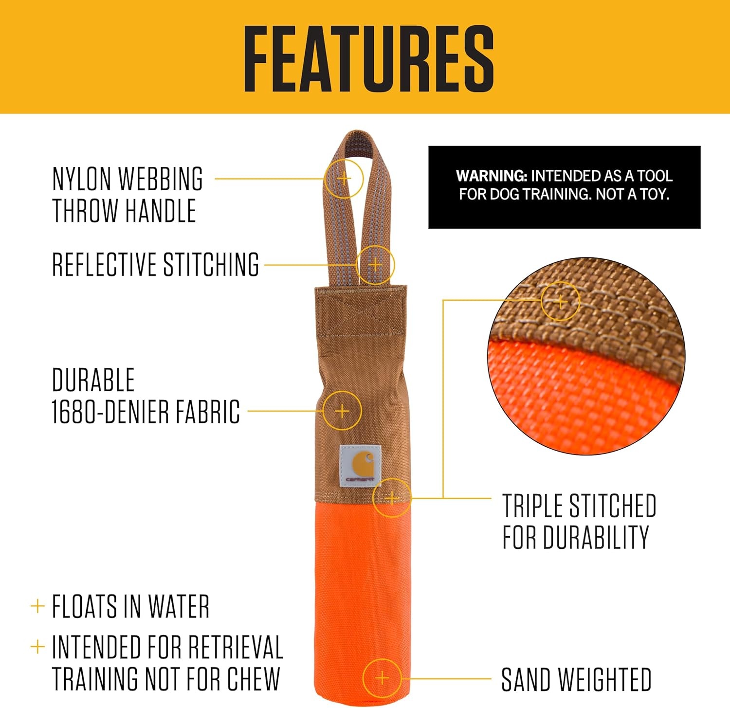 imageCarhartt Pet Training Tool Dog Retrieving Bumper Rugged Nylon Duck Canvas Training Bumper Designed for Retrieval Training Hunter Orange SmallHunter Orange