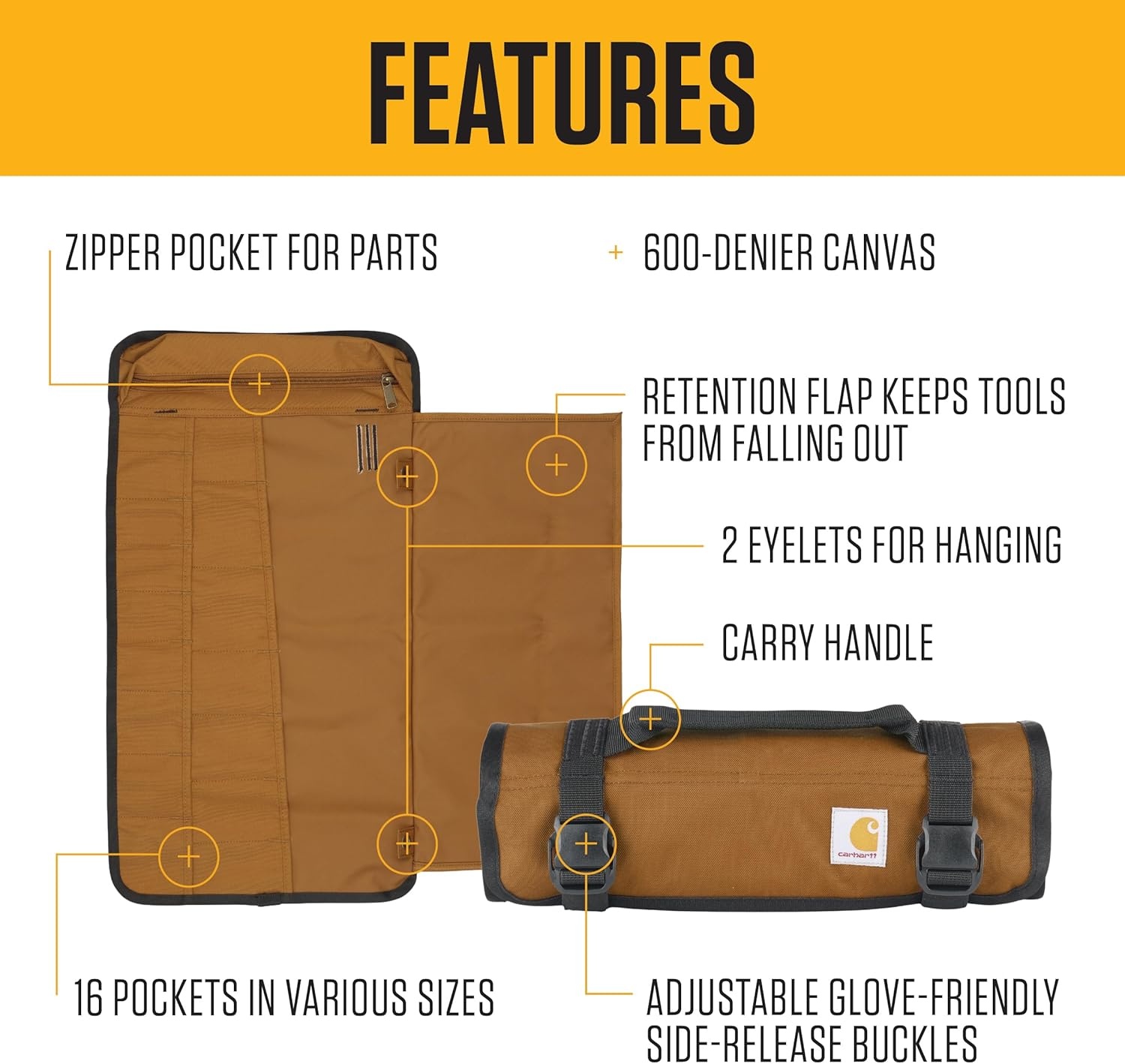 image:imageCarhartt Utility Roll Organizer Durable WaterResistant Tool Roll Black 16 PocketBlack