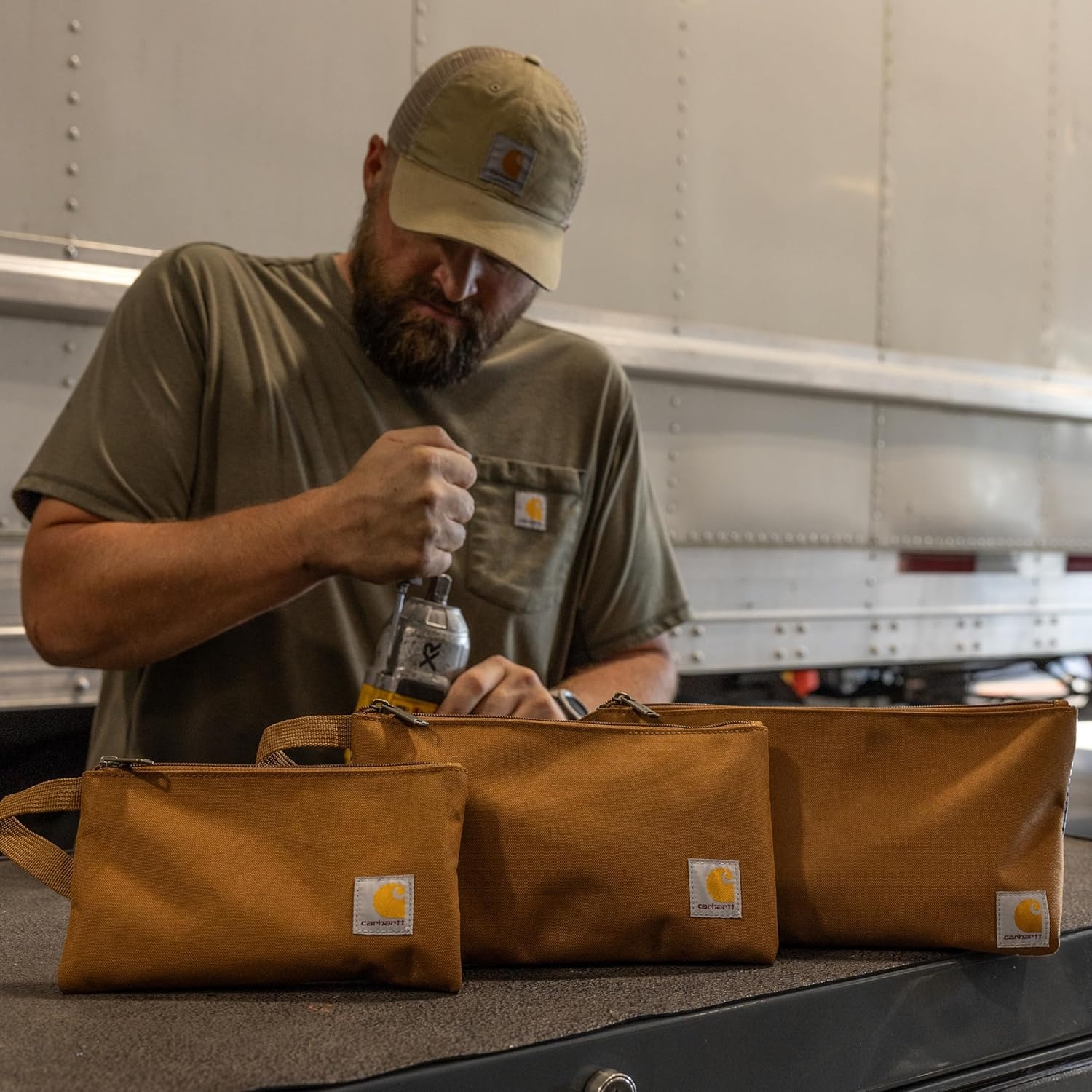 image:imageCarhartt Utility Zipper Pouch Set Durable Water Repellent Organizers Sold in Sets of Three Carhartt BrownBlackGravelCarhartt Brown Black Gravel