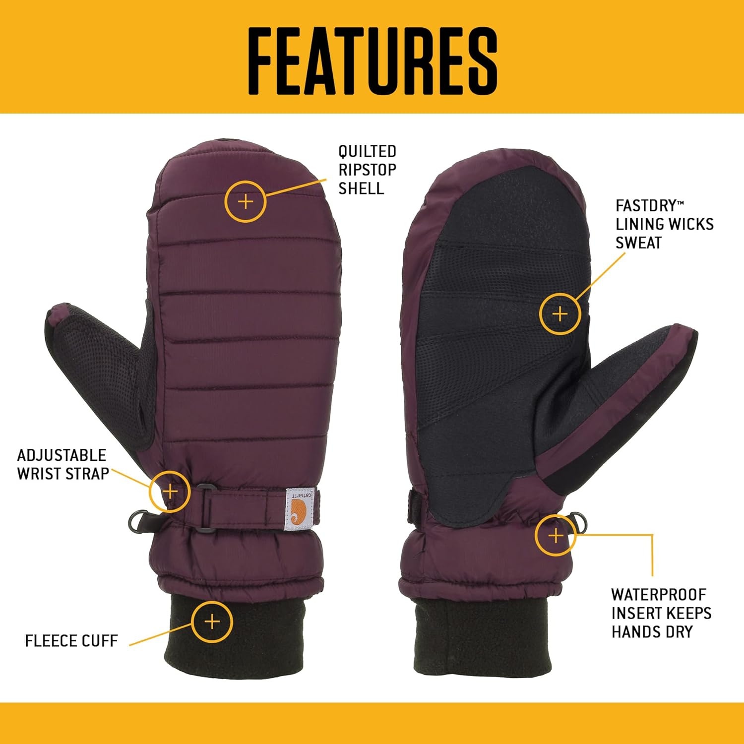 imageCarhartt Womens Waterproof Insulated Quilted Knit Cuff MittenBlack