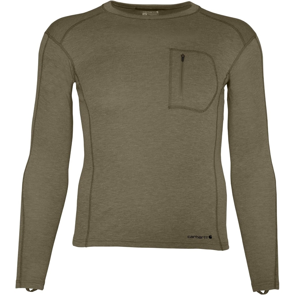 imageCarhartt Mens Force Midweight SyntheticMerino Wool Blend Base Layer Crewneck Pocket TopBurnt Olive Heather