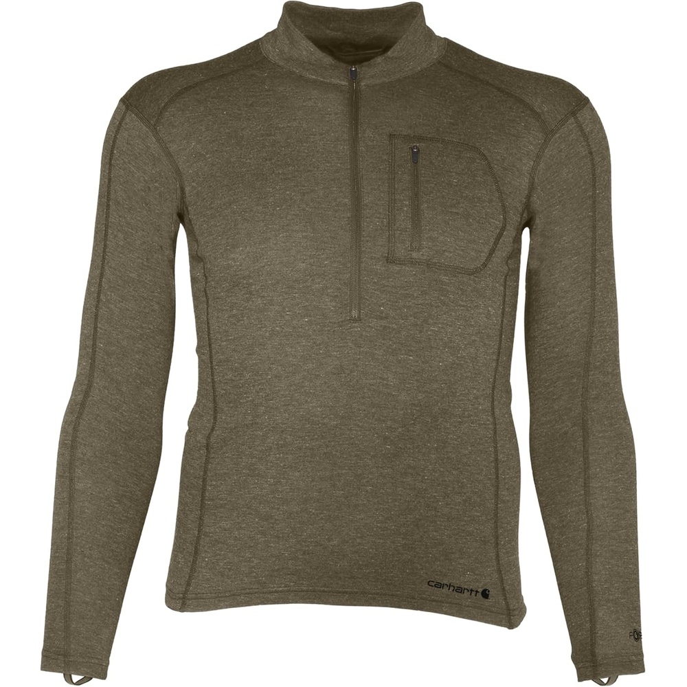 imageCarhartt Mens Force Midweight SyntheticWool Blend Base Layer QuarterZip Pocket TopBurnt Olive Heather