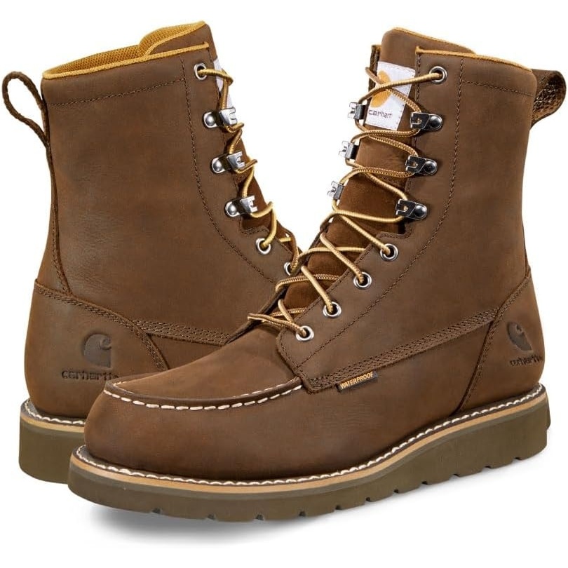 imageCarhartt Mens Waterproof 8Inch Moc Soft Toe Wedge Work Boot with SlipResistant OutsoleChocolate Brown Oil Tanned