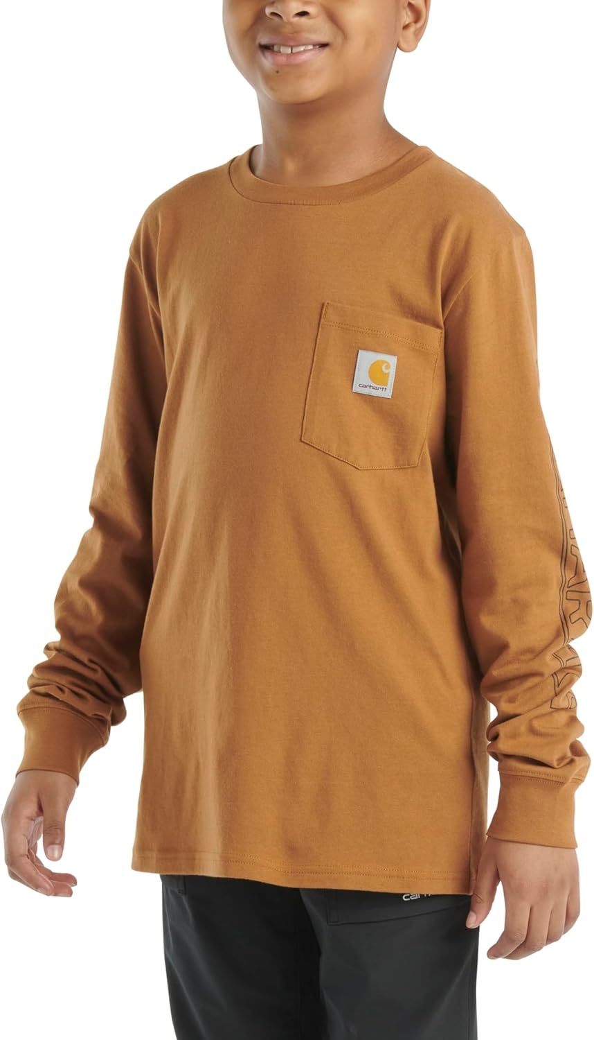 image:imageCarhartt Boys LongSleeve Logo Sleeve Pocket TShirtBrown Tan
