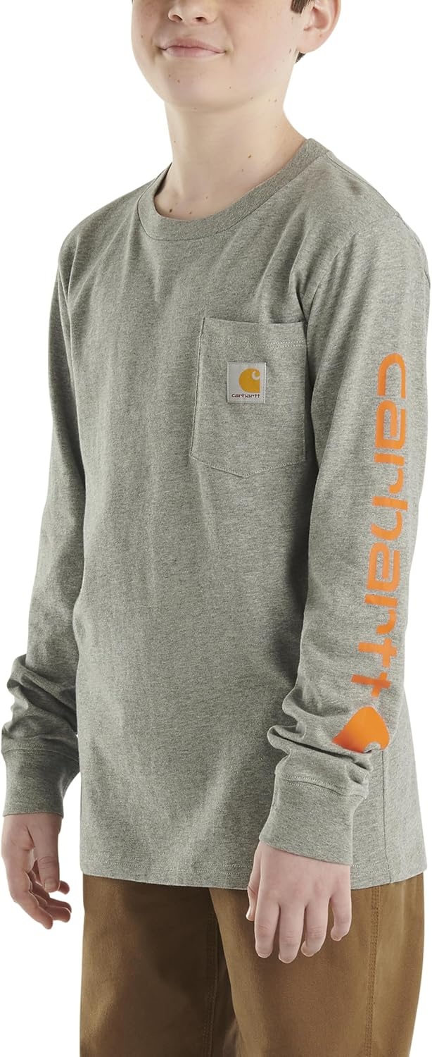 image:imageCarhartt Boys LongSleeve Logo Sleeve Pocket TShirtCharcoal Grey Heather