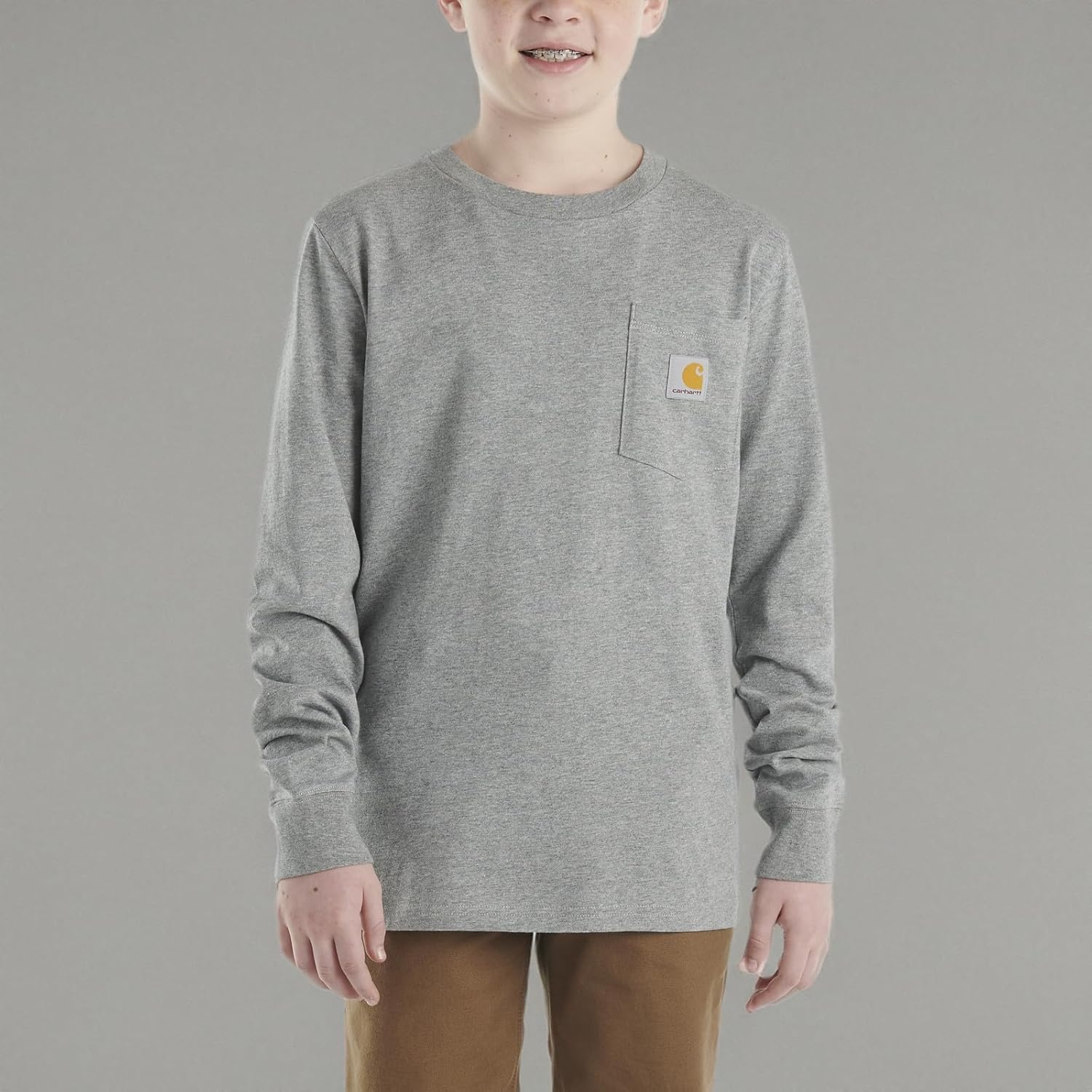 image:imageCarhartt Boys LongSleeve Logo Sleeve Pocket TShirtCharcoal Grey Heather