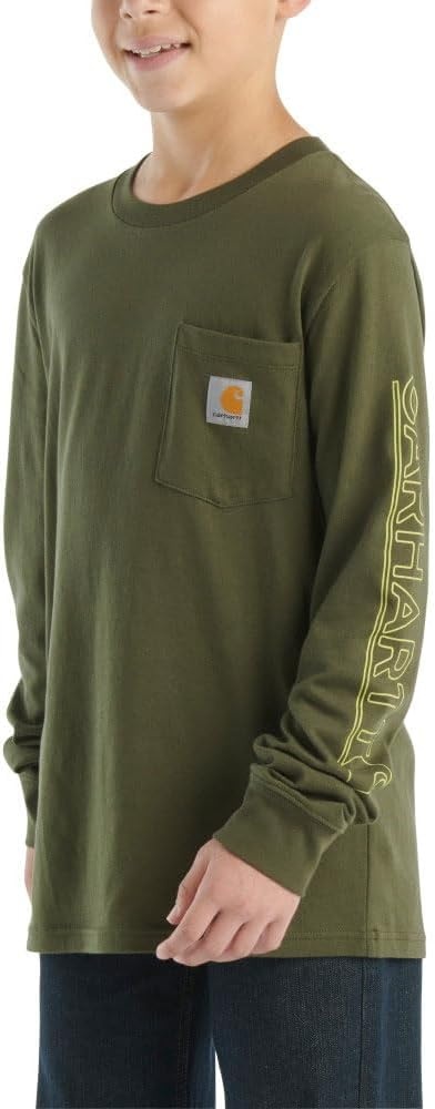 image:imageCarhartt Boys LongSleeve Logo Sleeve Pocket TShirtDark Olive Green
