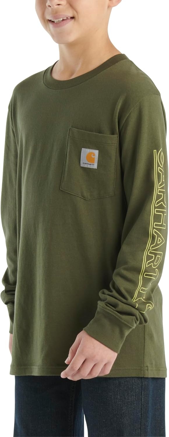 image:imageCarhartt Boys LongSleeve Logo Sleeve Pocket TShirtDark Olive Green