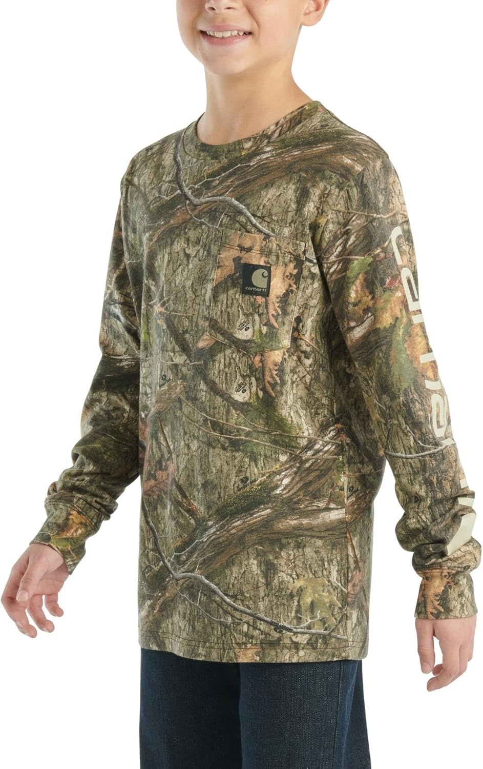 image:imageCarhartt Boys LongSleeve Logo Sleeve Pocket TShirtMossy Oak Dna Camo Print