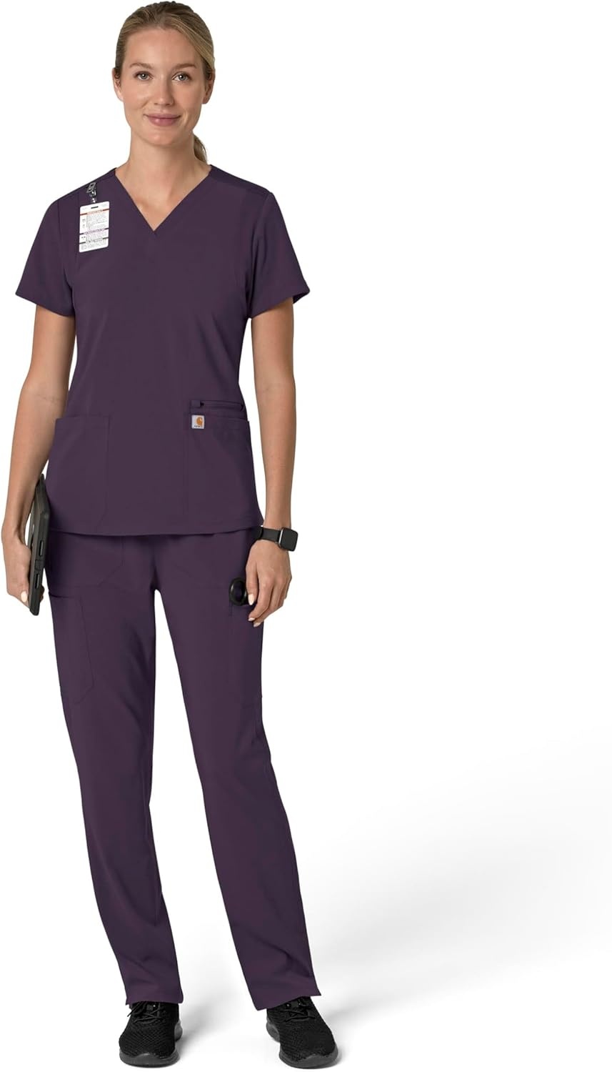 image:imageCarhartt Force Essentials Unisex VNeck 6Pocket Scrub TopBlack Plum