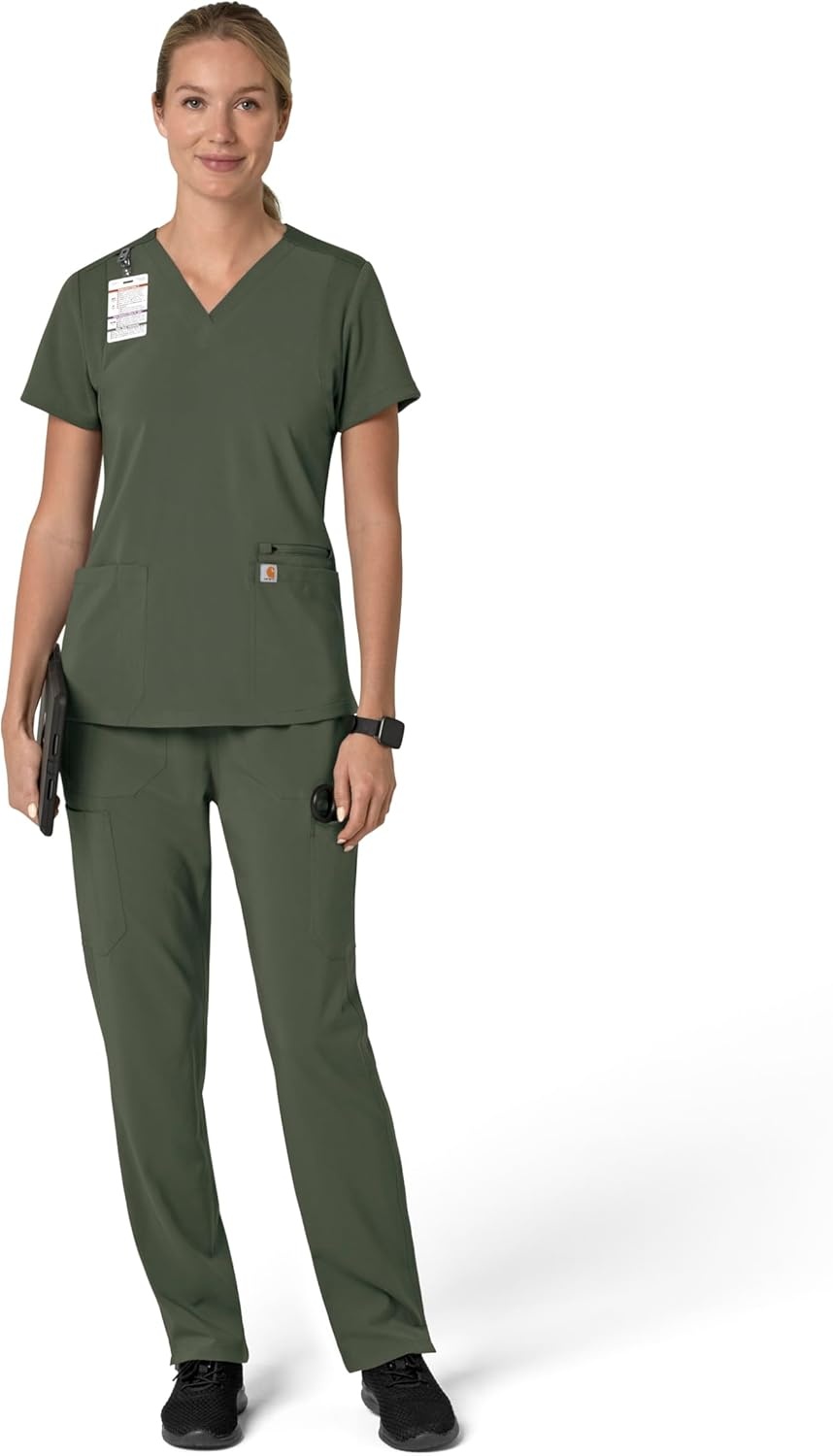 image:imageCarhartt Force Essentials Unisex VNeck 6Pocket Scrub TopOlive